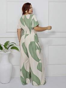 Women's Plus Size Printed Long Jumpsuit, Wide Leg, Short Sleeve, V-Neck, Front Gathering, Comfortable - Olive Green - View 7