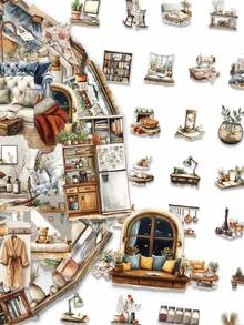 50pcs Alleyway Home Cartoon Creative PET Material Stickers Transparent Waterproof DIY Journaling Supplies Personalized Phone & Notebook Decorative Stickers For Ins - Multicolor - View 1