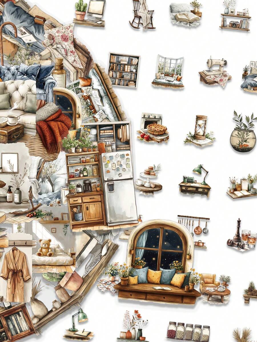 50pcs Alleyway Home Cartoon Creative PET Material Stickers Transparent Waterproof DIY Journaling Supplies Personalized Phone & Notebook Decorative Stickers For Ins - Multicolor - View 1