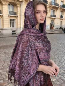 1 chiếc khăn Pashmina nữ kiểu Bohemian họa tiết Paisley Jacquard, khăn trùm đầu tua rua cổ điển để chống nắng, thích hợp cho mặc hàng ngày, mùa xuân/hè. - Màu tím - Xem 1