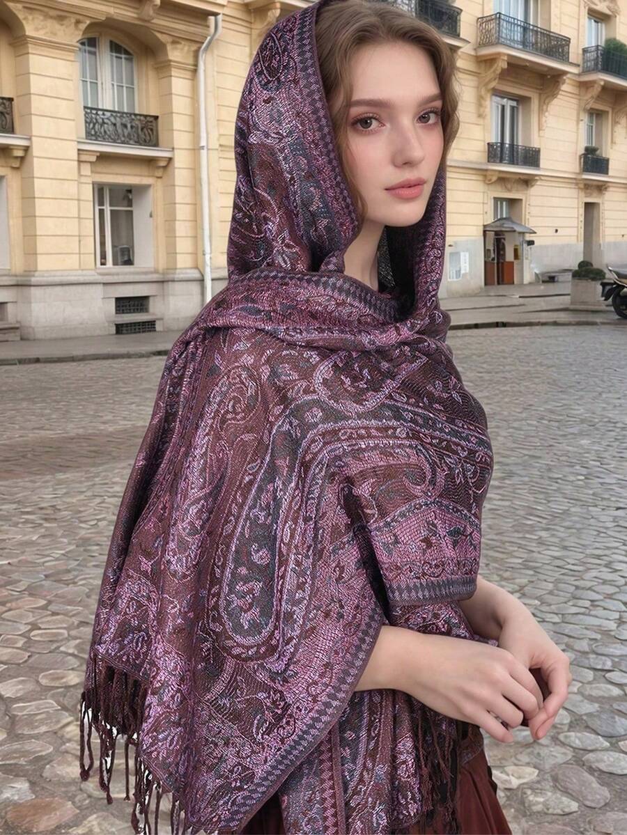 1 chiếc khăn Pashmina nữ kiểu Bohemian họa tiết Paisley Jacquard, khăn trùm đầu tua rua cổ điển để chống nắng, thích hợp cho mặc hàng ngày, mùa xuân/hè. - Màu tím - Xem 1