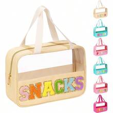 Chenille Letter Patch Makeup Bag, Preppy PVCNylon Makeup Bag With Handle And Zipper, Waterproof Large Clear Travel Toiletry Bag Storage Bag Women - Beige-sNACKS - View 1