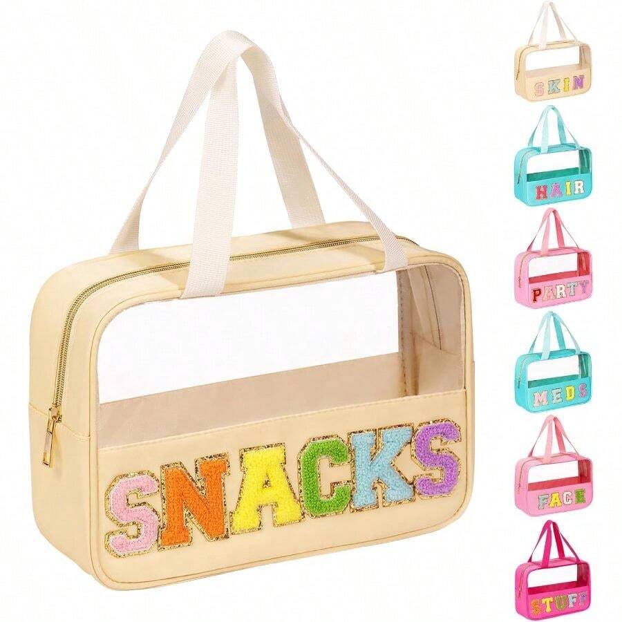 Chenille Letter Patch Makeup Bag, Preppy PVCNylon Makeup Bag With Handle And Zipper, Waterproof Large Clear Travel Toiletry Bag Storage Bag Women - Beige-sNACKS - View 1