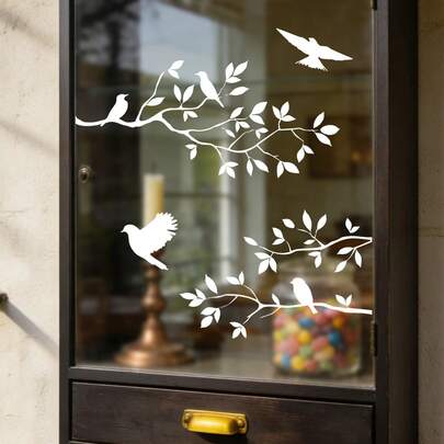 1/2pcs Removable Static Cling Window Decals With Abstract White Bird Silhouette & Tree Branch Pattern, Reusable Glass Door/Wall Stickers For Bedroom, Living Room, Dining Room, Kitchen, Bathroom Decor
