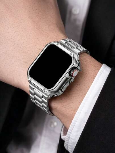 1 pieza Correa de reloj de acero inoxidable de moda para hombres y mujeres con diseño de manzana + Funda protectora de silicona antideslizante compatible con Apple Watch de 40mm, 41mm, 44mm, 45mm, 49mm, compatible con iWatch Series Ultra/SE11/10/9/8/7/6/5/4, accesorios de pulsera de reloj inteligente, adecuado para ocasiones formales y uso diario, gran regalo para amigos y familiares