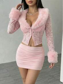 Valentine's Day, Date Night Outfit, Gifts For Her Women's Sweet Pink Lace Two-Piece Skirt Set With Faux Fur Trimmed Long Sleeve Crop Top And Ruched Mini Skirt For Party - Hồng - Xem 5