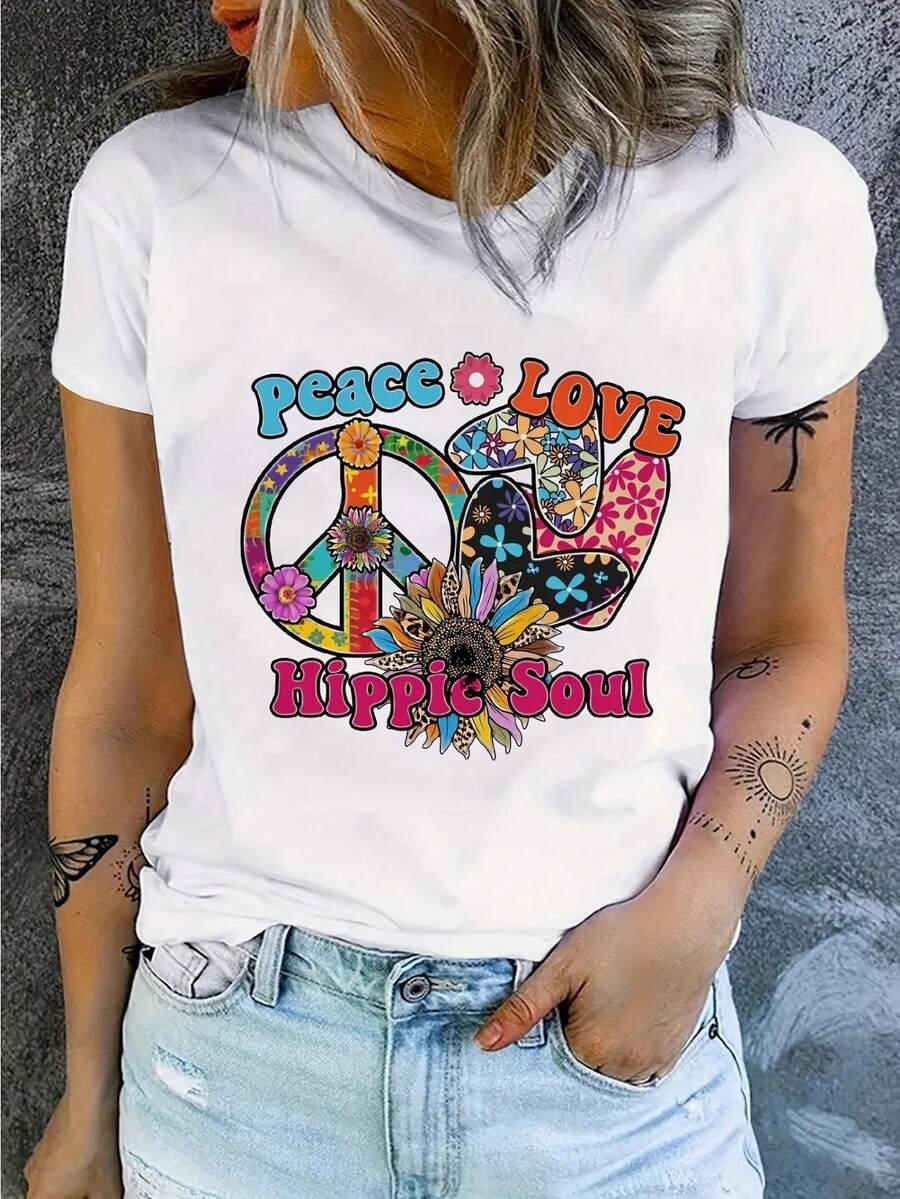 Women's Peace Love Hippie Soul Graphic T-Shirt - Retro Print Short Sleeve Round Neck Summer Casual Tee, Machine Washable Regular Fit, everyday Tshirt, Comfortable Medium Stretch - Biały - Zobacz 1