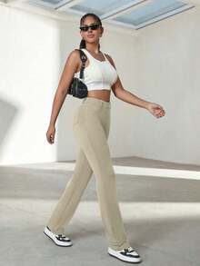 Yoga High Stretch Slim Pocket Design Women Straight Leg Pants, Business Casual Trousers For Office Wear, Autumn - 杏 - 查看 6