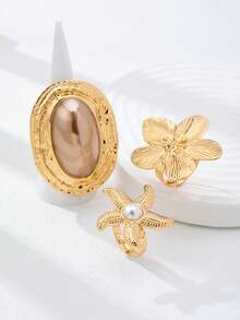 3件套波西米亚风芙蓉花、海星和夸张仿珍珠戒指套装，适合夏季度假海滩装扮和比基尼配饰 - 金色 - 查看 4