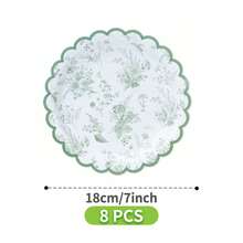 8pcs Green Porcelain Floral Disposable Plate, Napkin, Cup Set, One-Time Party Supplies Suitable For Birthday, Wedding, Theme Party, Family Picnic - Multicolor - View 8