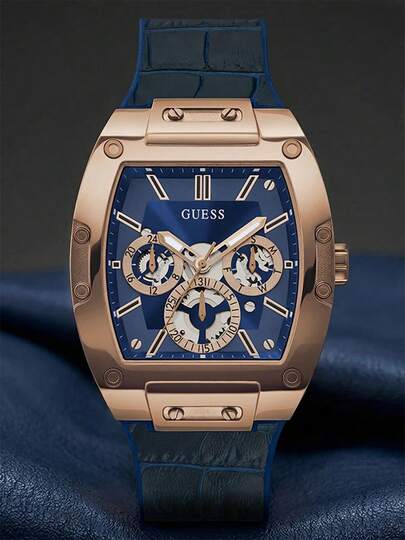 Guess Reloj de cuarzo de hombre de estilo empresarial casual con 3 ojos, función múltiple, correa de silicona y piel sintética, una opción de regalo elegante y reflexiva para amigos y seres queridos. GW0202G8