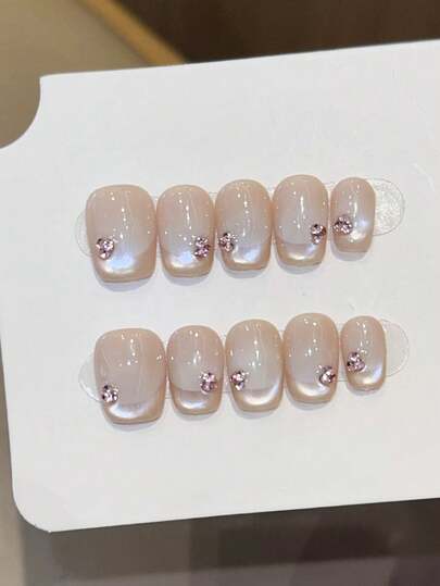 10pcs Pure Handmade Press On Nails Short Nails Square Nails Apricot Nails Gentle Minimalist Style Icy Transparent Nude Cat Eye With Pink Glitter Rhinestone Accents Delicate Clean Press-On Nails For Women And Girl,Spring Summer Fall Winter Festivals Party And Daily Life Use Handmade Press On Nails