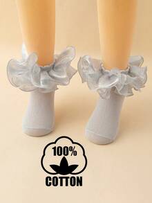 1 par de calcetines cortos de algodón con ribete de encaje de unicolor para niños, adecuados para baile, princesa, niños pequeños, todo el año - Plateado - Ver 4