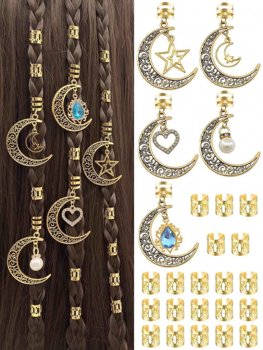 25pcs Moon With Star,Heart,Pearl,Filigree Inlaid Rhinestone Braid Hair Clips, Stylish Hair Accessories Claw Clips Hair Claws Hair Barrettes, School Stuff - Gold - View 1