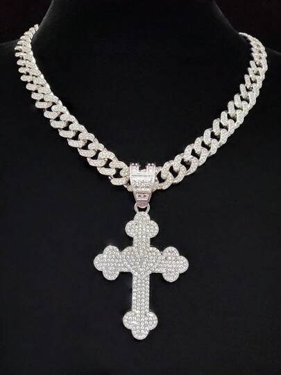 1pc Fashion Creative Cross & Heart Shaped Pendant With 1pc Rhinestone Glass Cuban Chain Necklace, Men's Hip Hop Cross Pendant Necklace, Vintage Jewelry, Suitable For Daily Wear, Valentine's Day Gift, 2 Chain Options