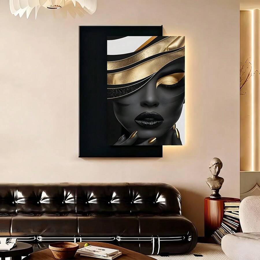 con marco1 pieza de arte de lienzo abstracto surrealista negro y dorado, retrato femenino, , moderno y retro, para decoración de paredes en sala de estar, dormitorio, cocina, oficina en casa - Pintura temática de moda interior, regalo perfecto para vacaciones, decoración estética de habitaciones. - Enmarcado - Ver 1
