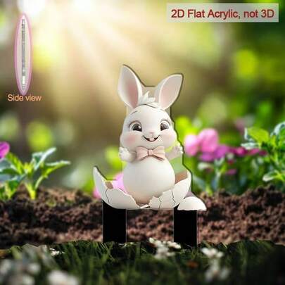 2D Flat, 1pc Cute Rabbit Garden Stake - 2D Flat Acrylic Outdoor/Indoor Decor With Expressive Eyes And Fluffy Tail, Durable Acrylic Lawn Ornament Suitable For Easter, Christmas, Spring - Easy Ground Installation (No Power Needed) - White Rabbit With Pink Bow Design, Suitable For Flower Beds, Yards, Lawns - All Season Use, Can Be Used For Easter, Thanksgiving, Christmas