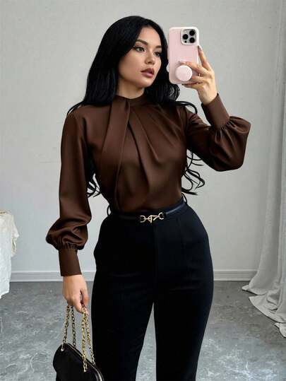 Manga Longa com Gola Alta, Design Assimétrico, Franzido Decorativo, Solta, Básica, Minimalista, Elegante, Chique, Casual de Escritório, Adequada para Professoras, Escritório, Casamentos, Concertos  Nenhum  Dobrado  Plissado