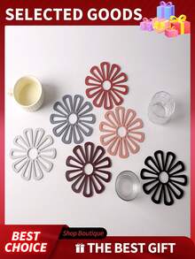 1pc Heat Insulation Mat, Non-Slip Heat Resistant Placemat, Hollow Solid Color Floral Coaster, Dining Table Heat Insulation Mat - Multicolor - View 4