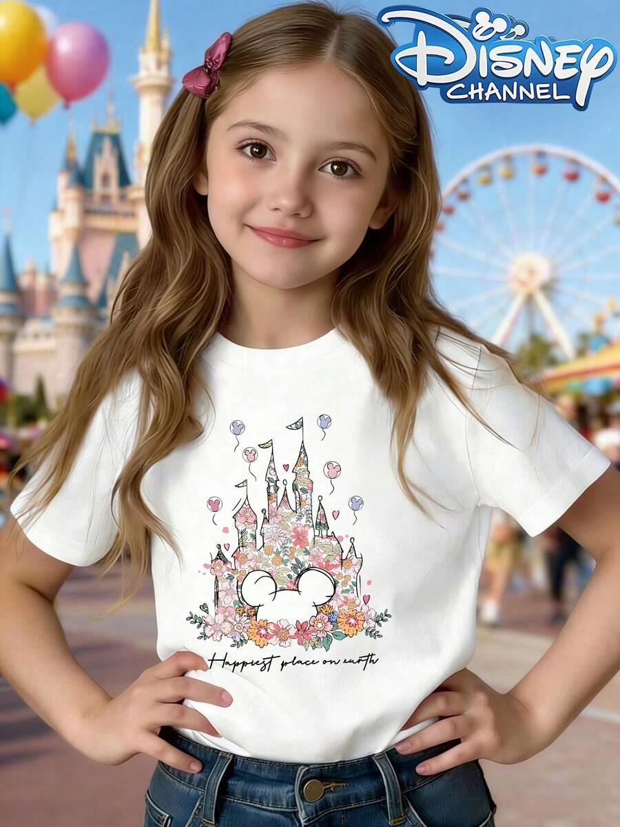 This Disney Castle Graphic Summer T-Shirt Is Perfect For Boys And Girls, Ideal For Holiday Parties, Gatherings, Outdoor Activities, Travel, And As A Gift For Children Visiting Disneyland. - 白色 - 查看 1