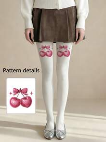 “甜樱桃”惊喜连裤袜——完美的浪漫情人节礼物，俏皮又略带挑逗的樱桃印花，打造甜蜜浪漫造型 - 白色 - 查看 6