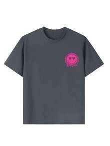 Camiseta de cuello redondo de manga corta con estampado gráfico informal para niñas preadolescentes, top de verano - Gris Oscuro - Ver 8