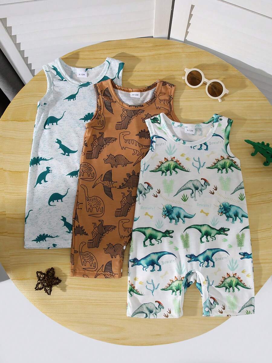 3pcs/Set Baby Boys' Cartoon Dinosaur Print Sleeveless Romper Set, Summer - Multicolor - View 1