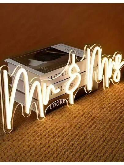 1pc Acrylic Mr & Mrs Neon Sign, Warm Soft Lighting, Smooth Handwriting, Easy Installation, Includes USB Cable & Hanging Hook. Romantic Luxurious Style, Warm White Artistic Text & Symbol, Minimalist Elongated Shape, Smooth Edges, Soft Non-Flickering Lighting, Creates Ambiance And Ceremonial Identification