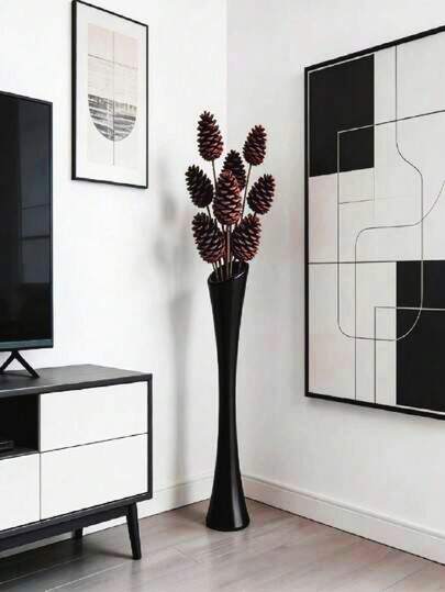 1pc High-Quality Black & White Retro Vase, Modern Luxury Floor Vase, Tall Decorative Vase, Plastic Material, Suitable For Hydroponic Flowers, Dried Flowers And Artificial Flowers, Ideal For Floral Arrangement/Wedding, Home Living Room Decor, Balcony, Corridor, Wedding, Office, Party, Housewarming, Valentine's Day (Flowers Not Included)