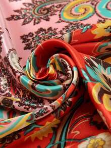 1件波西米亚风奢华花卉佩斯利印花女士方巾，多功能围巾/披肩，适合春夏休闲及户外穿着 - 紅色 - 查看 5