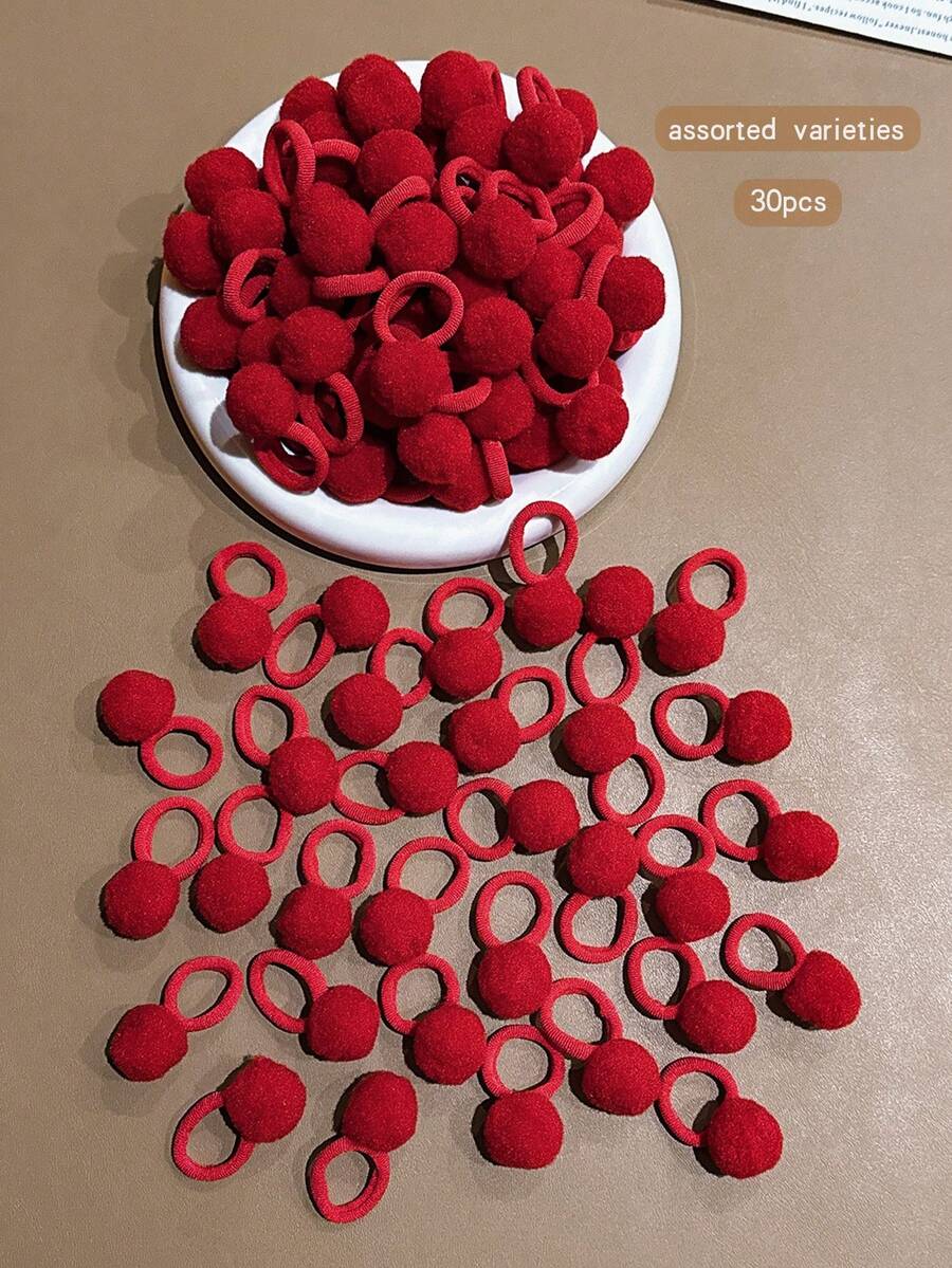 30个红色蓬松球形发圈，时尚弹力发绳，日常使用 - 紅色 - 查看 1