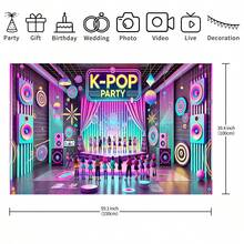 Pancarta de fondo para fiesta de cumpleaños con temática de K-Pop y escena de fiesta de chica cool en un gran escenario. Ideal para decoración temática de pared, celebraciones de festivales de música electrónica, decoración de habitaciones y accesorios de exhibición. - Multicolor - Ver 5