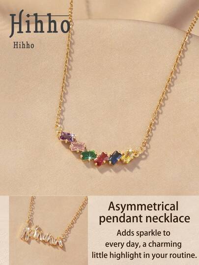 1件奢华小众彩虹长方形锆石和不对称白色锆石吊坠项链，精致风格，适合日常佩戴，送给女友/闺蜜的礼物，周年纪念礼物