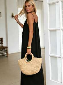 Women's Sexy Backless Solid Color Spaghetti Strap Maxi Dress, Loose Sleeveless Empire Style Dress, 2026 Summer New Arrival - 黑色 - 查看 3