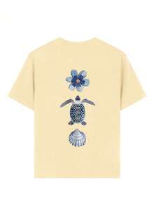 这款少女T恤印有海龟、贝壳和热带花卉图案，柔软舒适，适合女孩旅行、度假、户外运动、日常休闲穿着，是休闲旅行的最佳选择！时尚百搭的少女春夏休闲上衣。 - 杏色 - 查看 7