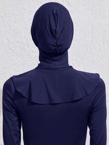 1pc Muslim Solid Color Pullover Headscarf Cap, Women's Quick-Wear Hijab, Extended Neckline Design - Navy Blue - View 3