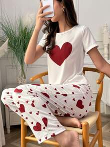 2pcs/Set Women's Heart Print Pajama Set, Short Sleeve Top And Long Pants, Spring/Summer - Red and White - View 3