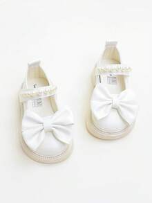 1 Pair New Minimalist Princess Style Pearl Bow Solid Color Flat Shoes For Kids, Suitable For Performance, All Seasons - Beige - View 3