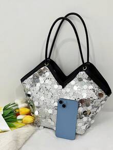 Fashionable Sequin Fringe Large Capacity Chic Shoulder Tote Bag For Women, 2026 New Arrival - Silver - View 3