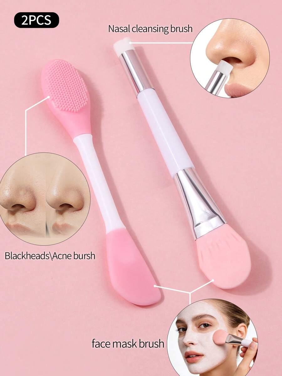 2 piezas Cepillo de silicona de doble extremo para aplicar mascarillas faciales, cepillo de limpieza facial para aplicar mascarillas de barro, masaje, herramientas de maquillaje y belleza - Blanco - Ver 1