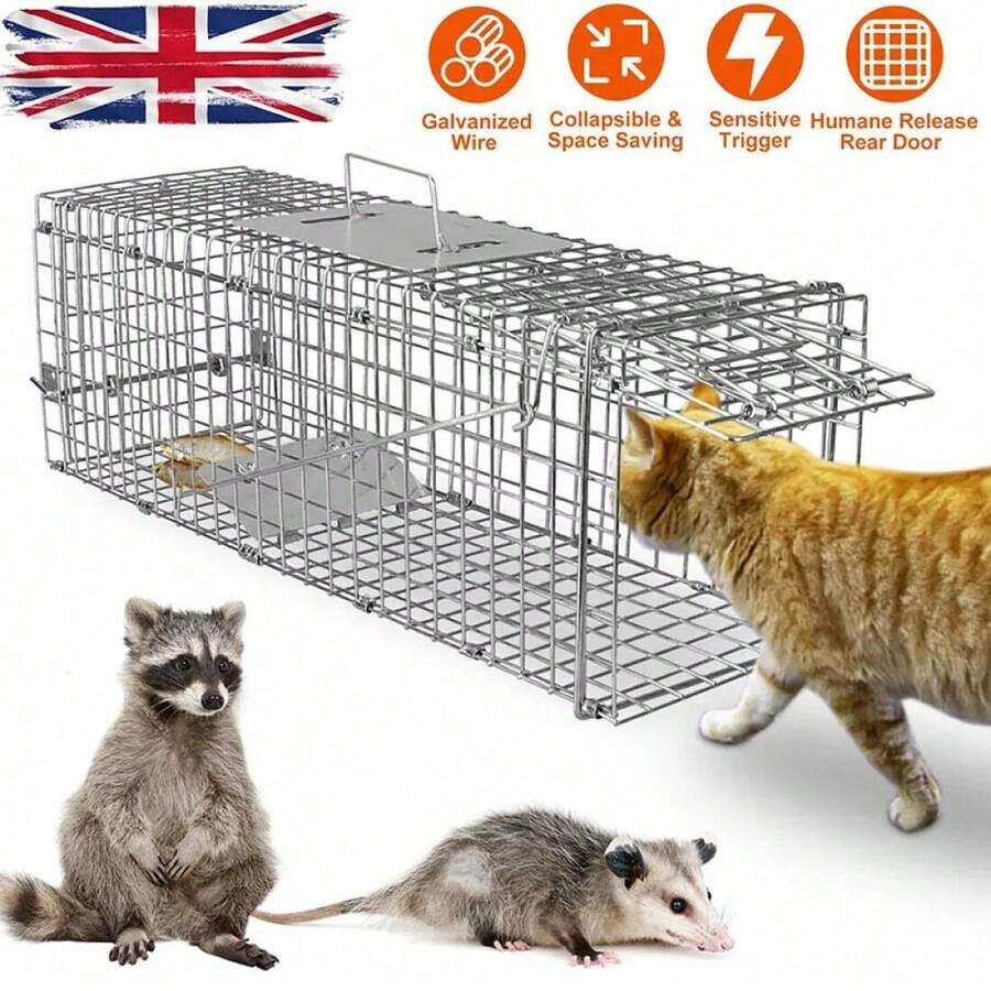 Live Animal Cage Trap Heavy Duty Folding Raccoon Traps Cat Trap Catch Release UK - Silver - View 1