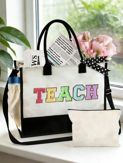 Túi vải bố đen trắng có quai đeo và túi đựng mỹ phẩm, thiết kế hoa chữ cái dành cho giáo viên, thêu khăn nhiều màu sắc, túi mua sắm và túi đựng mỹ phẩm tái sử dụng, túi xách có quai đeo vai và túi đựng mỹ phẩm, túi quà tặng cá nhân hóa, túi xách tay đựng đồ dùng cá nhân, túi mua sắm đa chức năng, quà tặng cảm ơn, thiết kế sáng tạo, quà tặng ngày Nhà giáo.
