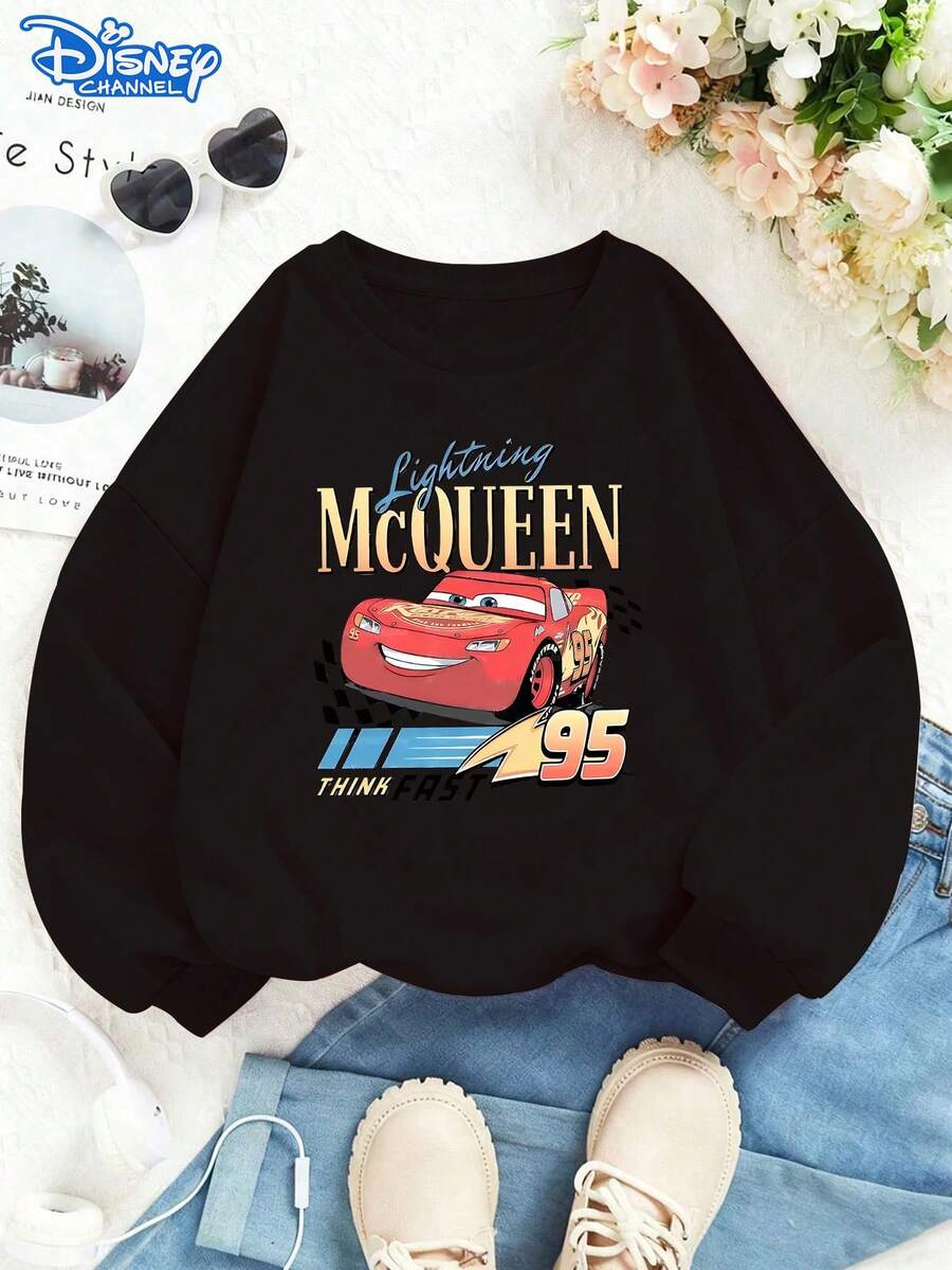 Official Disney Cars Merchandise, Lightning McQueen 95 Pullover Sweatshirt, Bold Color Print, Classic Crewneck, Durable Fabric, Great For Fans & Casual Outings, Unisex - 黑色 - 查看 1