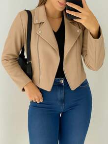 Jaqueta Feminina de Suede Estilosa Com Botões e Zíper Prata Estilo confortável Blusa de Frio - Bege - Visão 6