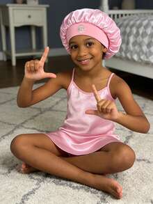 1PC Kids Personalized A-Z Letters Satin Sleep Bonnet 3-8Y, Elastic Soft Breathable Hair Protection Sleeping Cap,Soft Satin Silky Night Cap, Wide Elastic Band Hair Protection Bonnet, Unisex Toddler Sleeping Hat, Breathable Comfortable Daily Wear - Pink - View 4