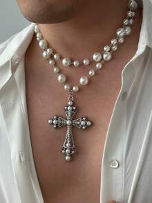 2pcs/Set Faux Pearl Cross Necklace, Fashionable Layered Beaded Choker Necklace For Men, Hip Hop Style - Pearl Cross - View 12