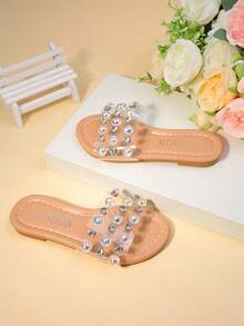 1 par de zapatos de niña, transparentes con decoración de cristales iridiscentes, sandalias de punta abierta, planas y antideslizantes, adecuadas para el juego diario y las fiestas de verano - transparente - Ver 8