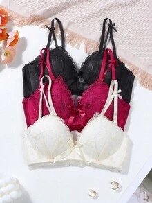 3pcs/Set Girls Lace Bow Wireless Comfortable Daily Bras, Gather Bust - Multicolor - View 8