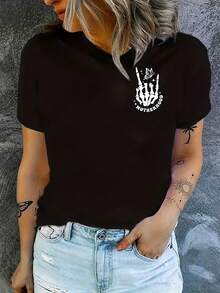 Playera Negra de Mujer con Diseño de Mano Esqueletizada Moderno y Hashtag Estilo Urbano Casual Ideal para Moda Juvenil  en Ropa Cómoda y Exclusiva Otoño 2023 - Negro - Ver 1