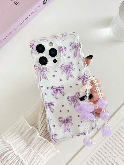 Polka Dot Bowknot Painted Braided Wavy Edge Minimalist High-End TPU Painted Anti-Fall Phone Case With Decorative Beaded Bracelet, Compatible With IPhone 17pro/17Air /17/17promax 16/11/16pro/16plus/16promax/16e/15Promax/13/14/12/XS/XR/7G/8PXR /7/8, 15Promax, 13, 14, Soft Case, P12, X, 12/14 Painted TPU Anti-Fall Soft Case